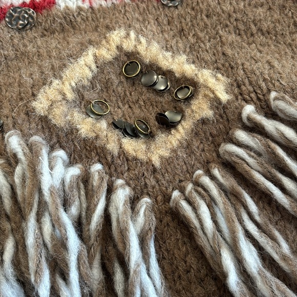 Free People Dark Crystal Wool Alpaca Fringe Oversized Poncho Sweater Size Small - Picture 7 of 13